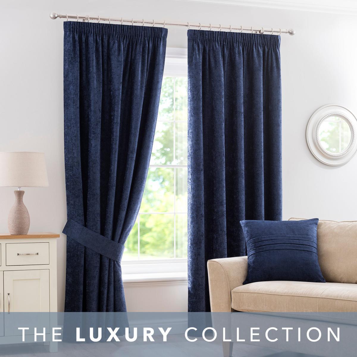 Chenille Navy Pencil Pleat Curtains Navy Blue – image 1