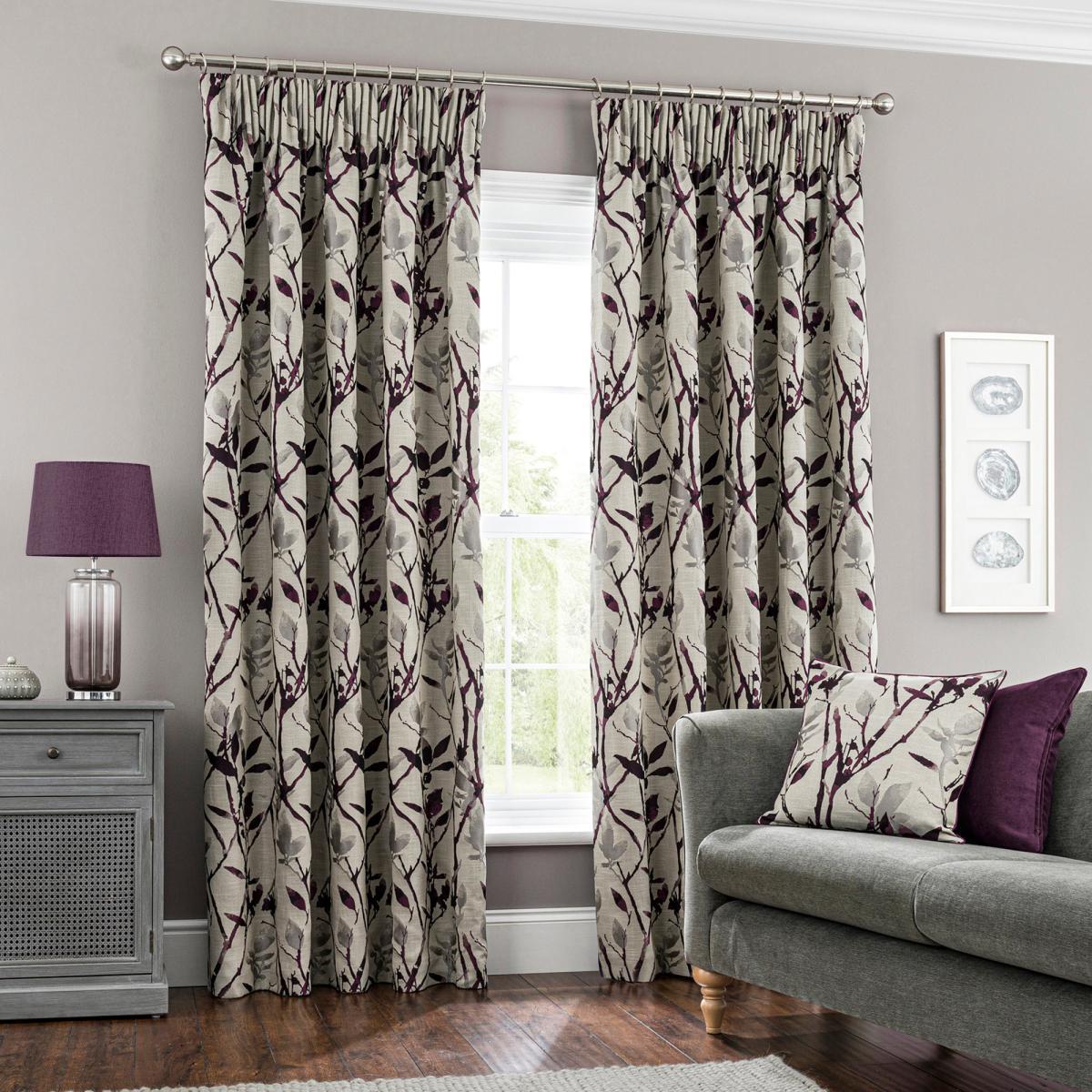 Zen Jacquard Plum Pencil Pleat Curtains Grey and Purple – image 2