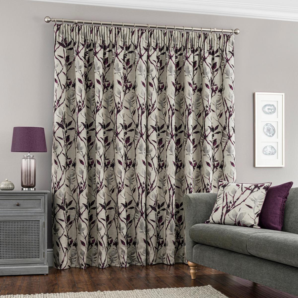 Zen Jacquard Plum Pencil Pleat Curtains Grey and Purple – image 3