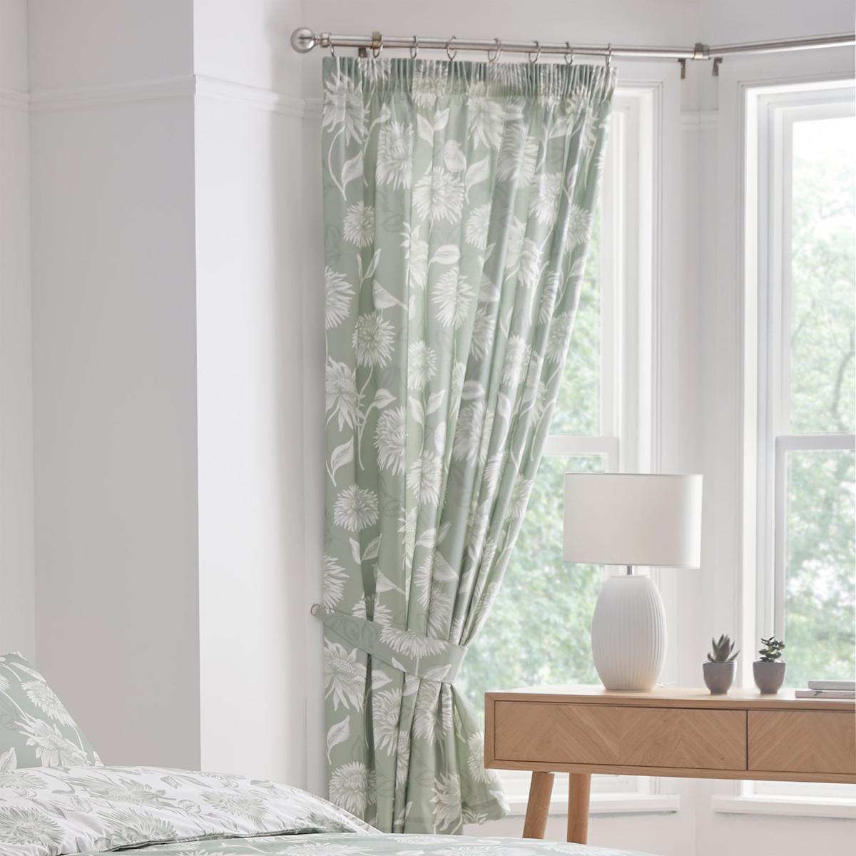 Chrysanthemum Green 168 x 183cm Pencil Pleat Curtains With Tie Backs Green – image 2