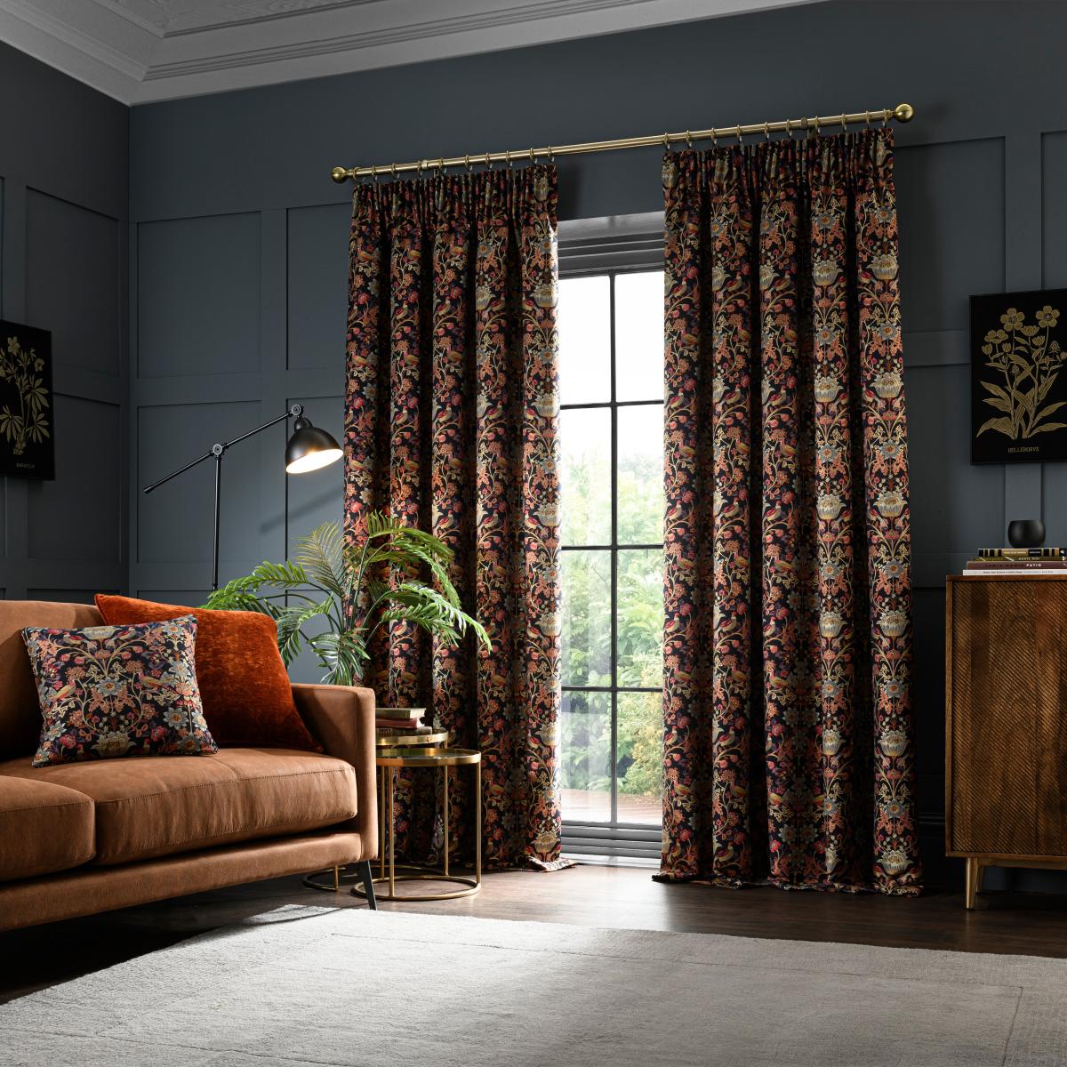 Highclere Navy Pencil Pleat Curtains Navy Blue/Orange/Yellow – image 2
