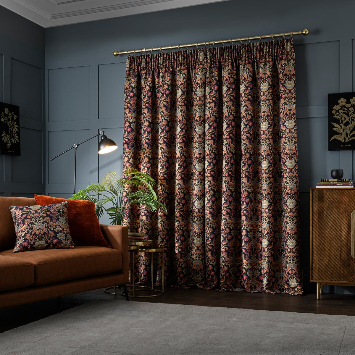 Highclere Navy Pencil Pleat Curtains Navy Blue/Orange/Yellow – image 5
