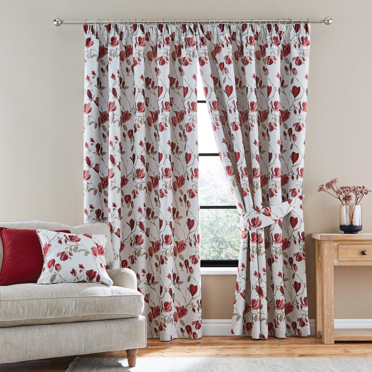 Ellis Floral Jacquard Red Pencil Pleat Curtains Red and Grey – image 2