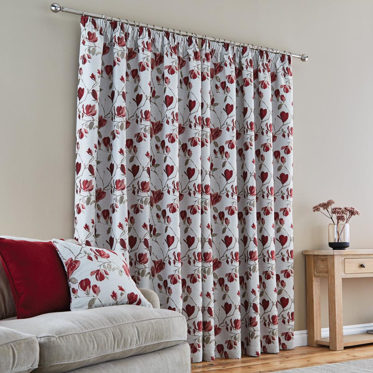 Ellis Floral Jacquard Red Pencil Pleat Curtains Red and Grey – image 3