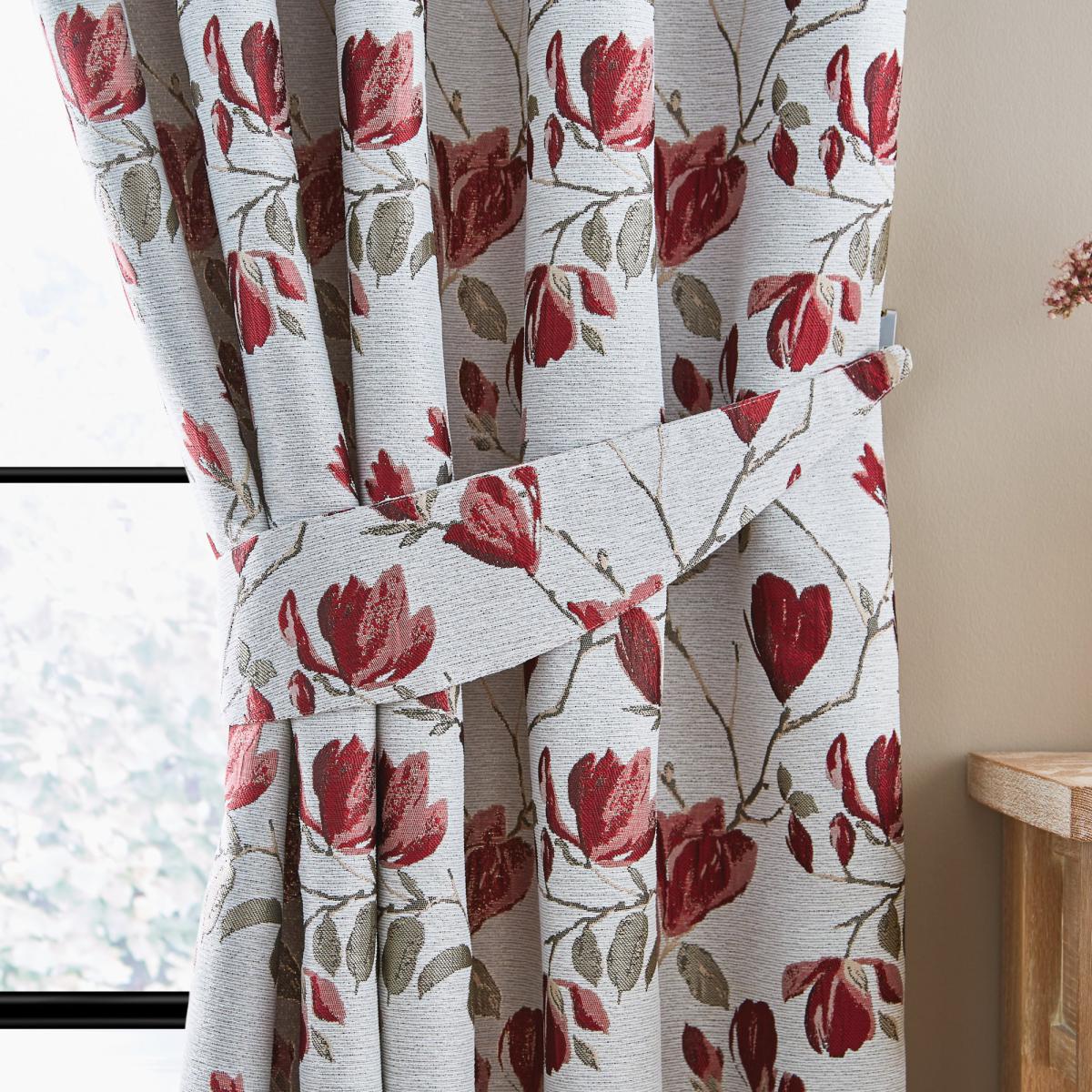 Ellis Floral Jacquard Red Pencil Pleat Curtains Red and Grey – image 6