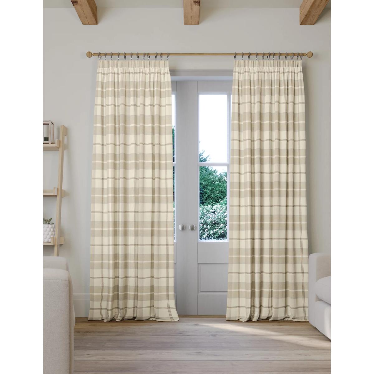 M&S Brushed Woven Checked Pencil Pleat Curtains - EW90 - Natural, Natural – image 2