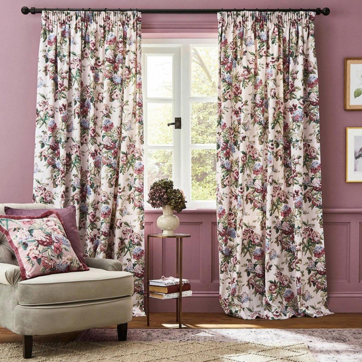 Laura Ashley Pembrey Hazelnut Pencil Pleat Curtains - 64x72, Cotton, Floral