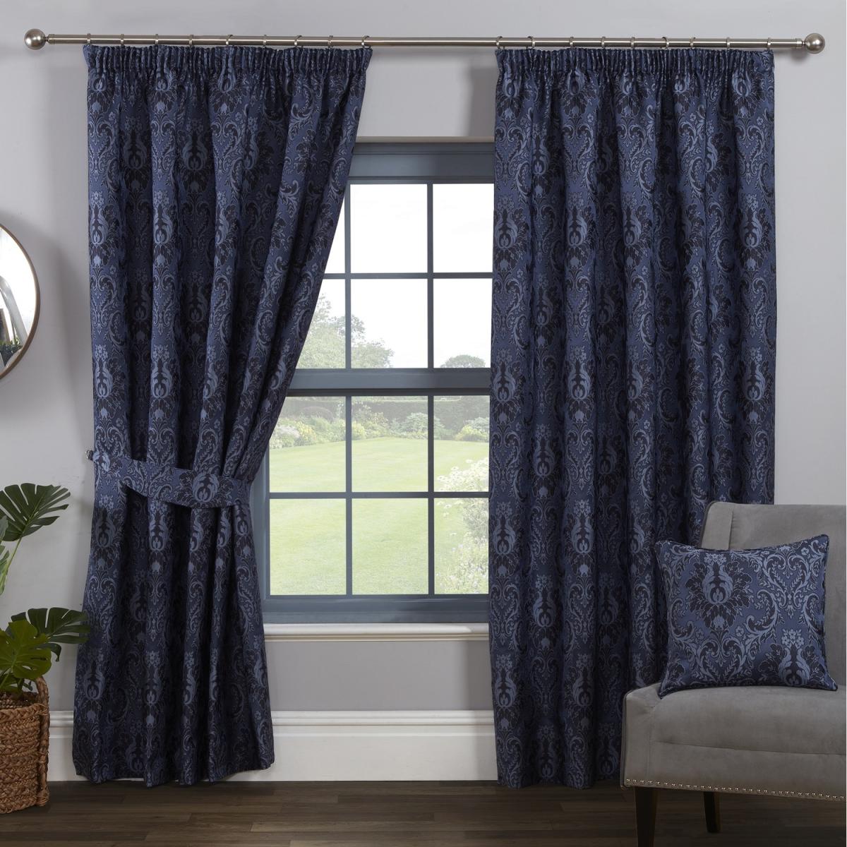 Tagola Navy Damask Pattern 3" Pencil Pleat Curtains - Navy Damask / 90in – image 2