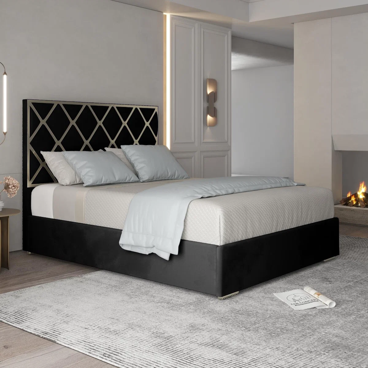 Tammy Upholstered Soft Velvet Metal Bed Frame - Black / Double – image 1