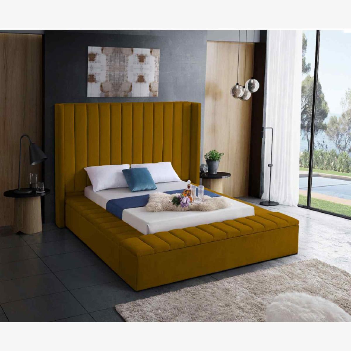 Juan Upholstered Plush Velvet Bed Frame - Yellow / 30cm / Double / N/Acm