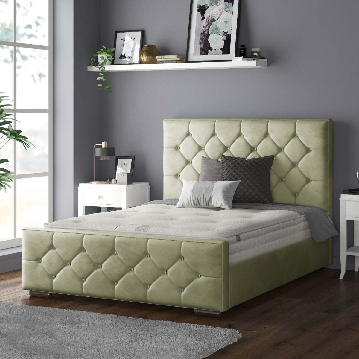 Belle Chesterfield Plush Velvet Bed Frame with Diamonds - Light Green / Double