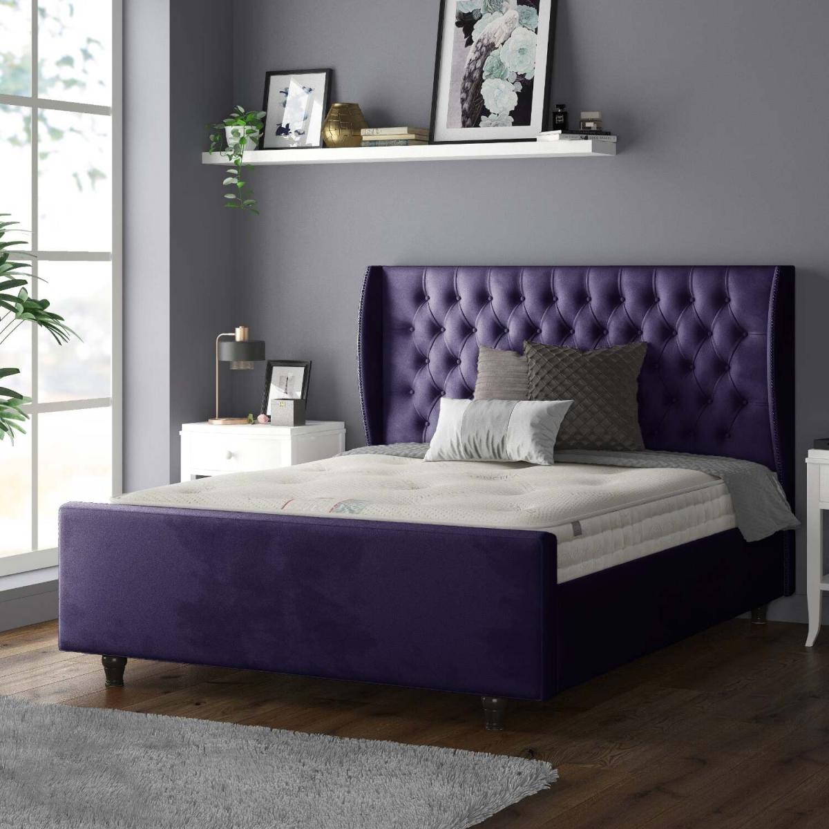 Aurora Chesterfield Wing Plush Velvet Bed Frame with Matching Buttons - Plum / Double