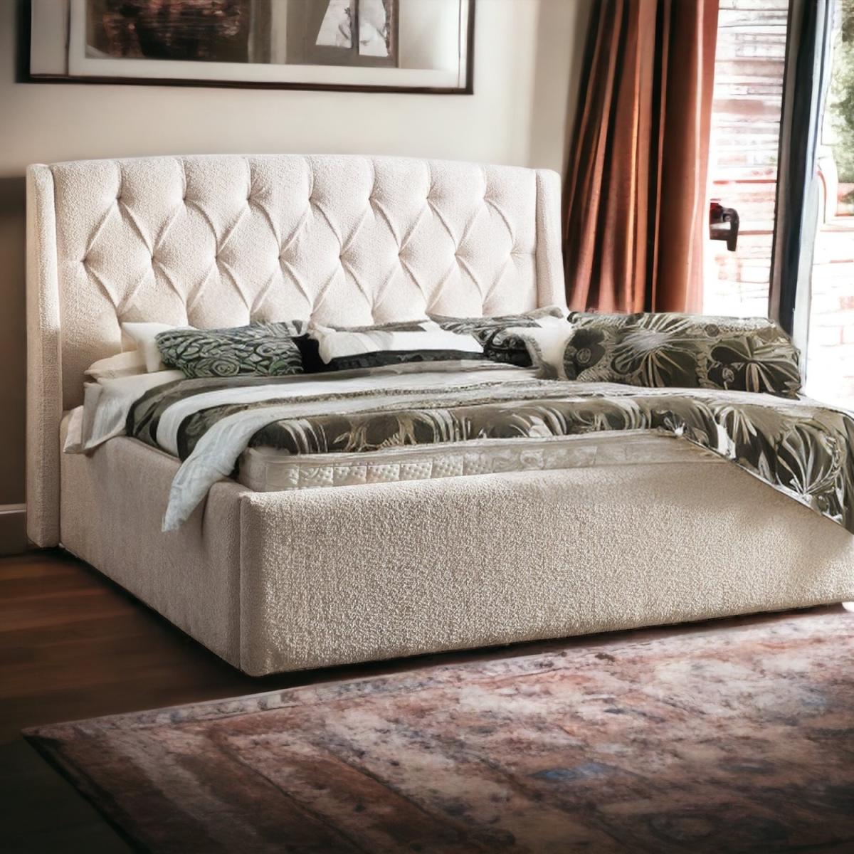 Teddy Boucle Chesterfield Wingback Bed - Ivory teddy / Double