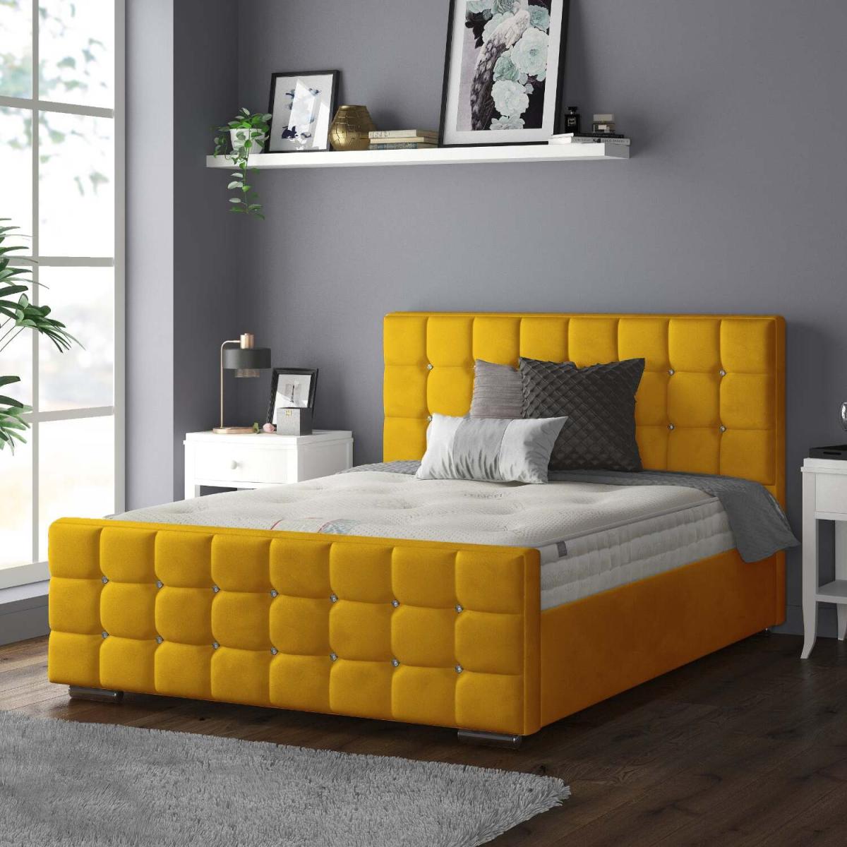 Cube Chesterfield Plush Velvet Bed Frame with Diamonds - Turmeric / Double