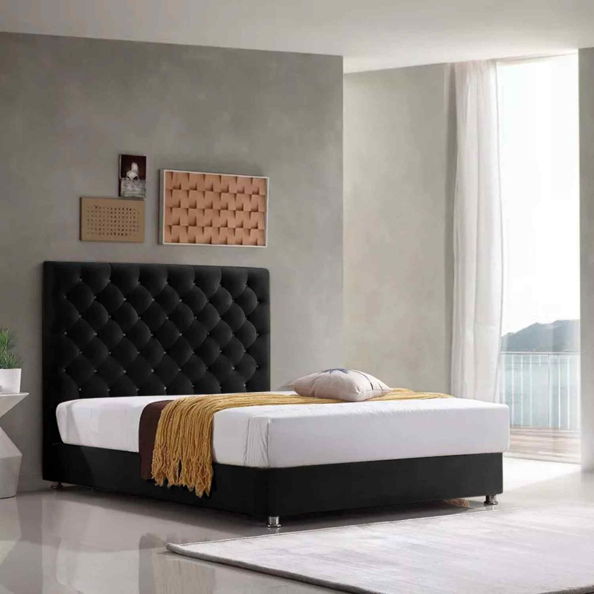 Markia Upholstered Plush Velvet Bed Frame - Black / Double