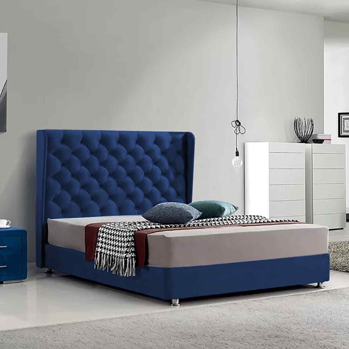 Oliver Upholstered Plush Velvet Bed Frame - Blue / Double – image 1