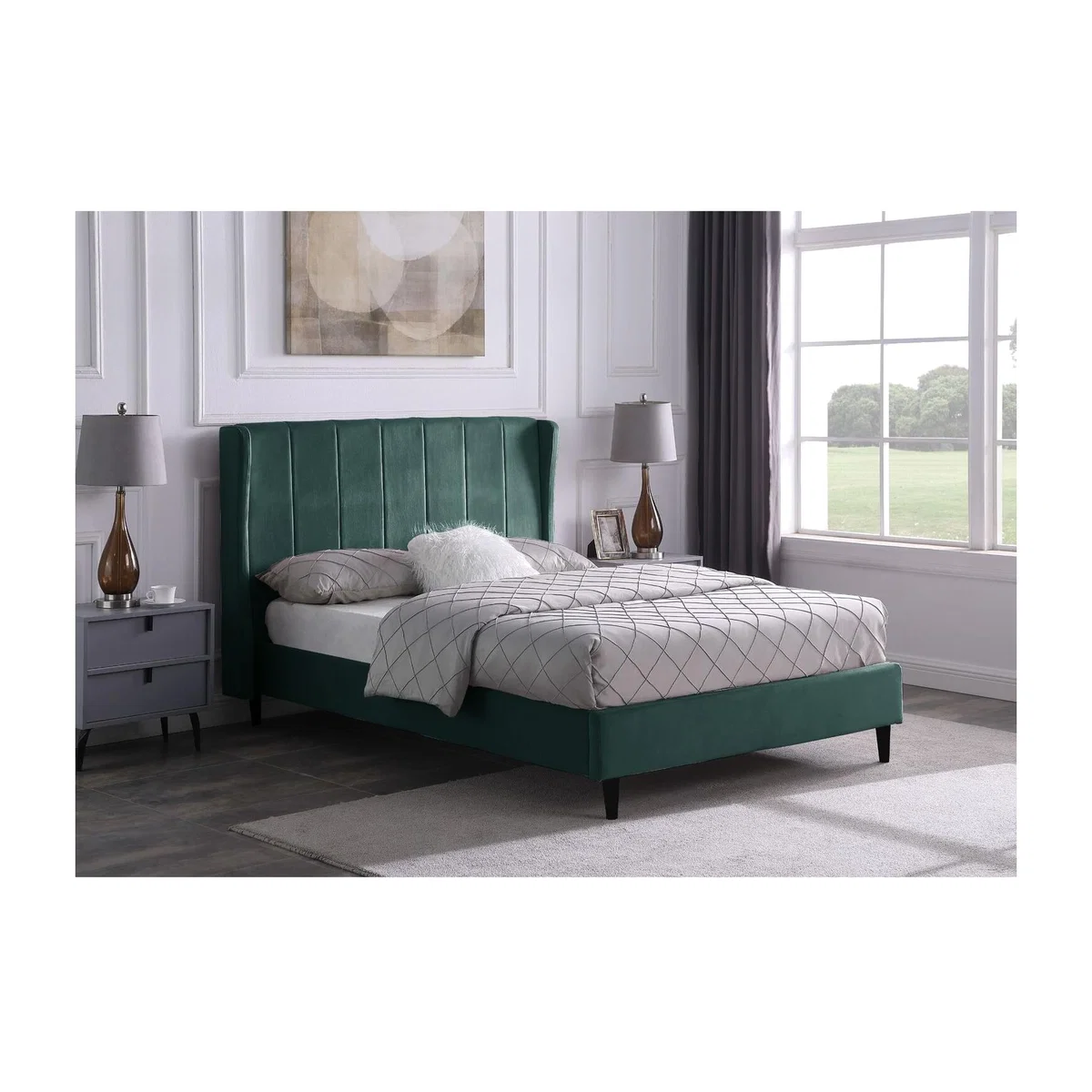 Amelia 4'6" Bed - Double - Green Velvet Fabric – image 1