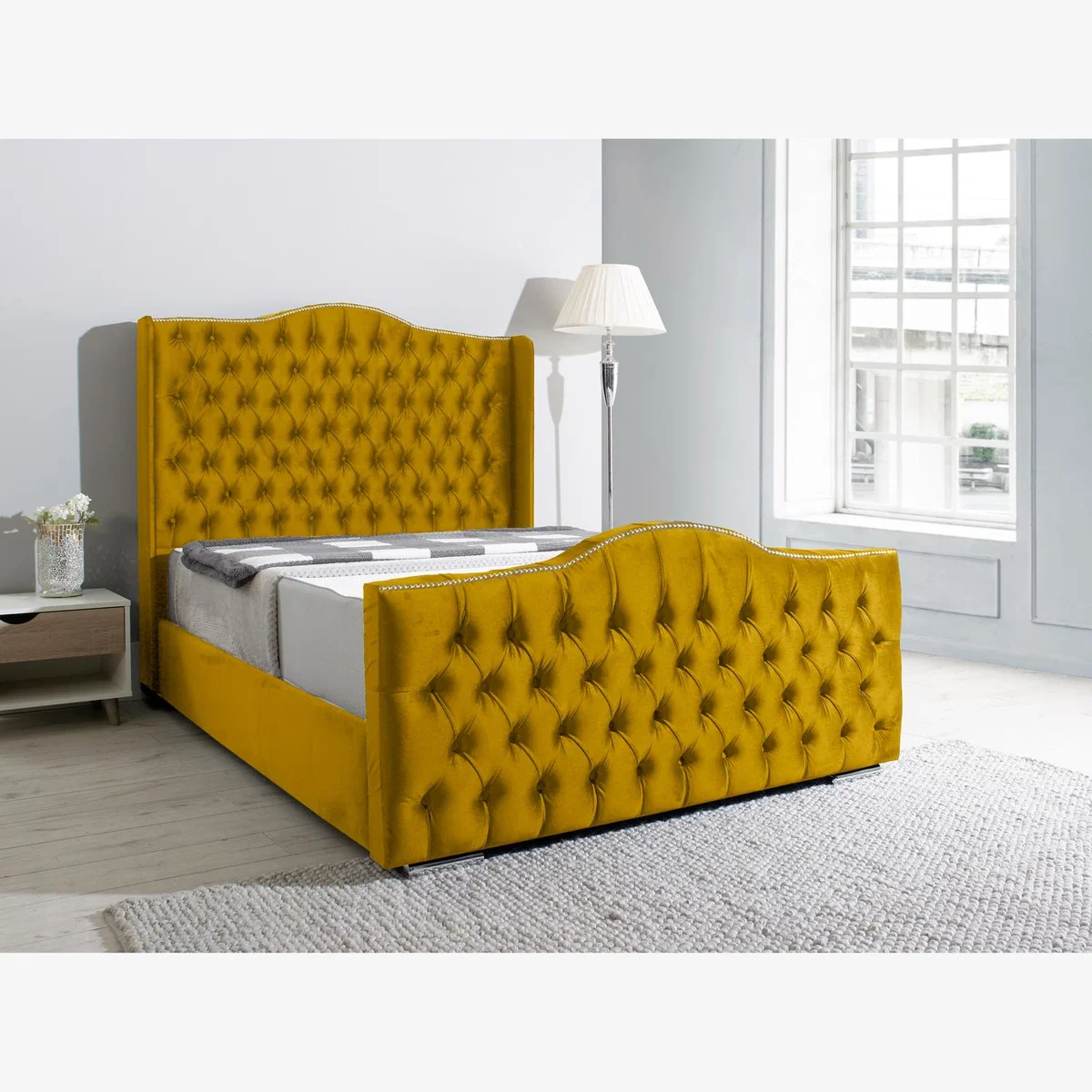 Saturn Wing Plush 4 Inch Solid Thick Bed Frame With Winged Headboard - Mustard Gold / Double