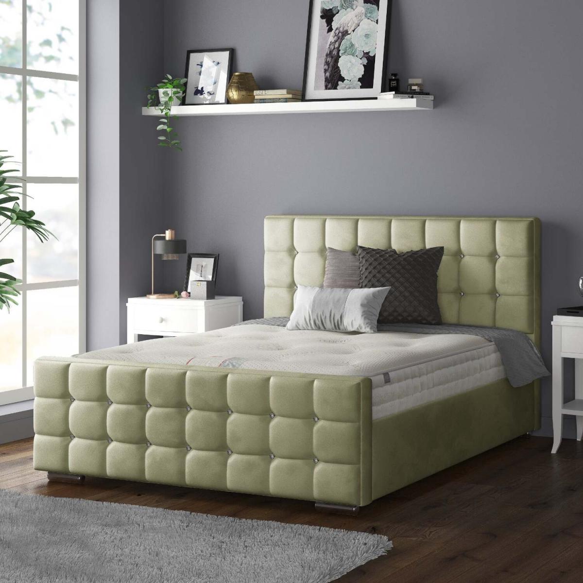 Cube Chesterfield Plush Velvet Bed Frame with Diamonds - Light Green / Double