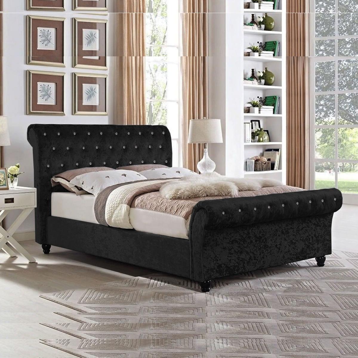 Crushed Velvet Upholstered Chesterfield Sleigh Bed Frame - Champagne / Double – image 2