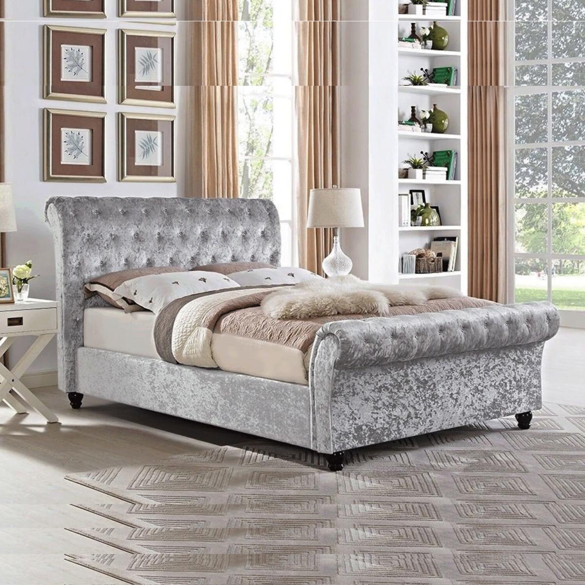 Crushed Velvet Upholstered Chesterfield Sleigh Bed Frame - Champagne / Double – image 3