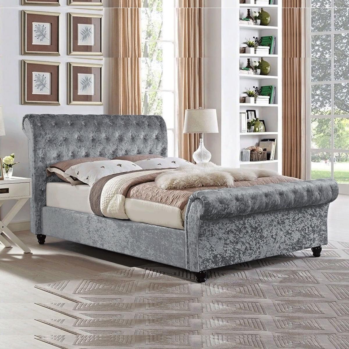 Crushed Velvet Upholstered Chesterfield Sleigh Bed Frame - Champagne / Double – image 4