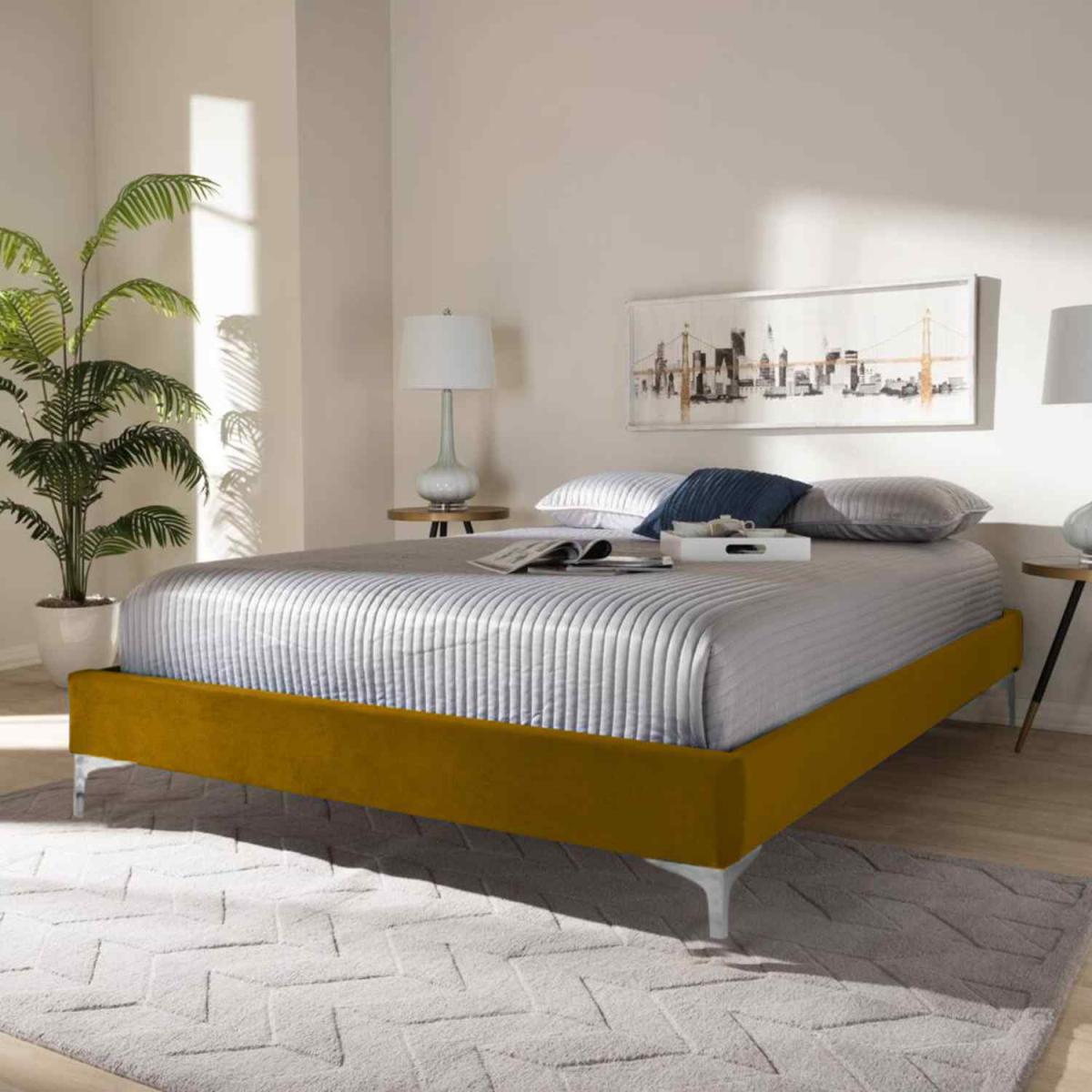 Alexander Upholstered Plush Velvet Bed Frame - Yellow / Double