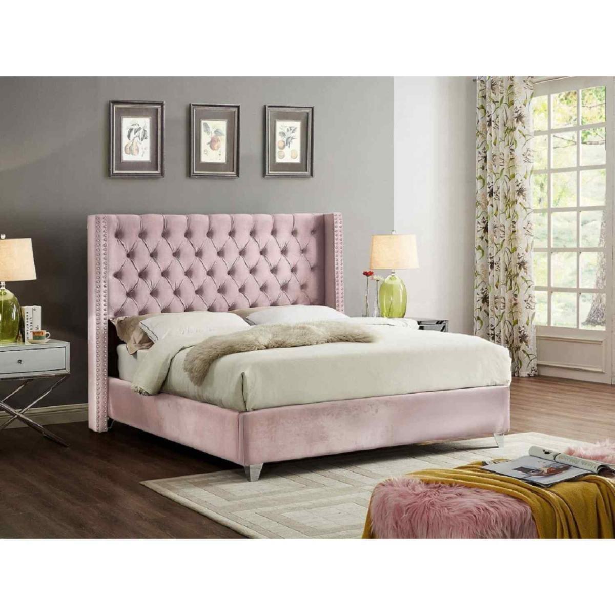 Adam Upholstered Plush Velvet Bed Frame - Pink / Double – image 2