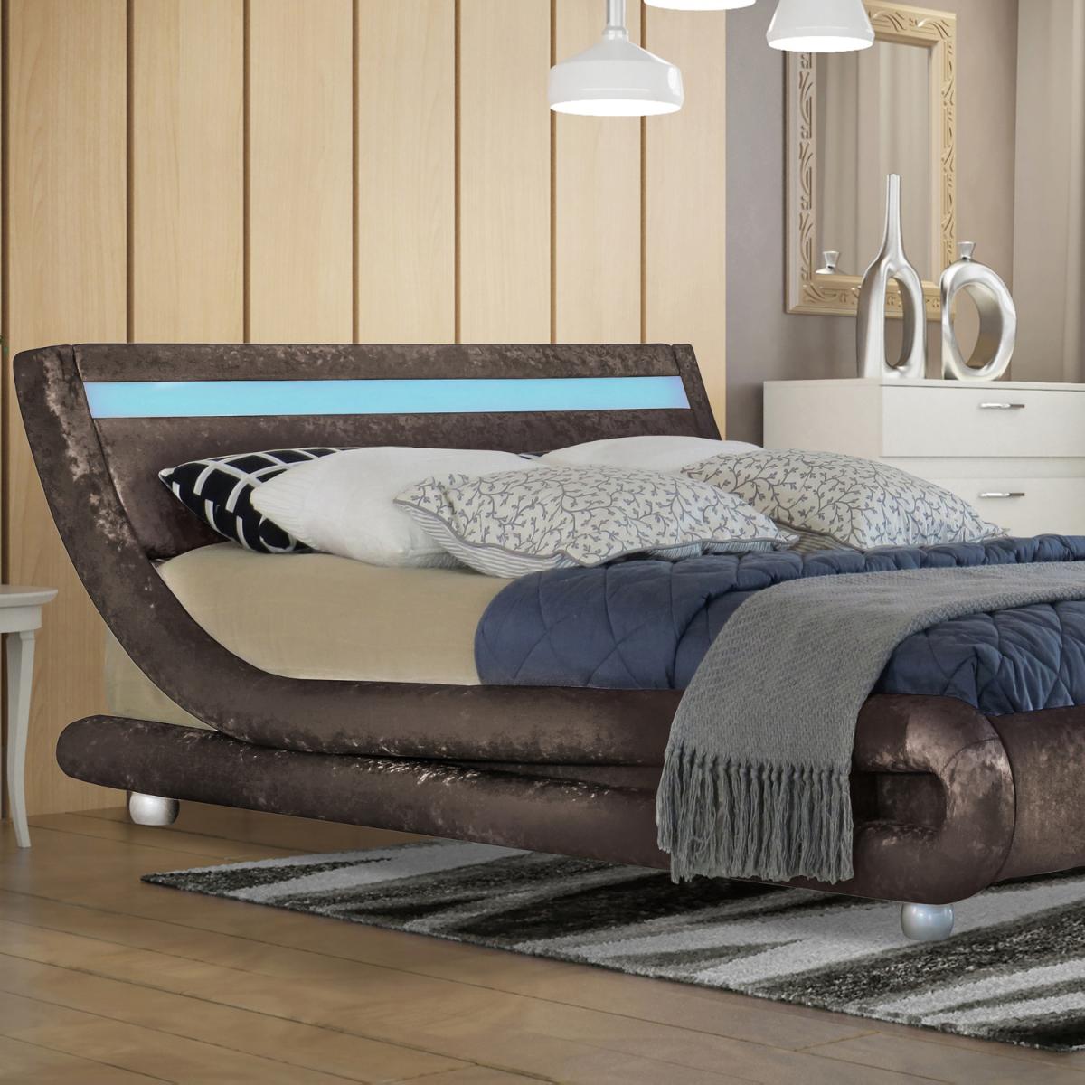 Modern LED Curved Brown Crushed Velvet Bed Frame - Double – image 2