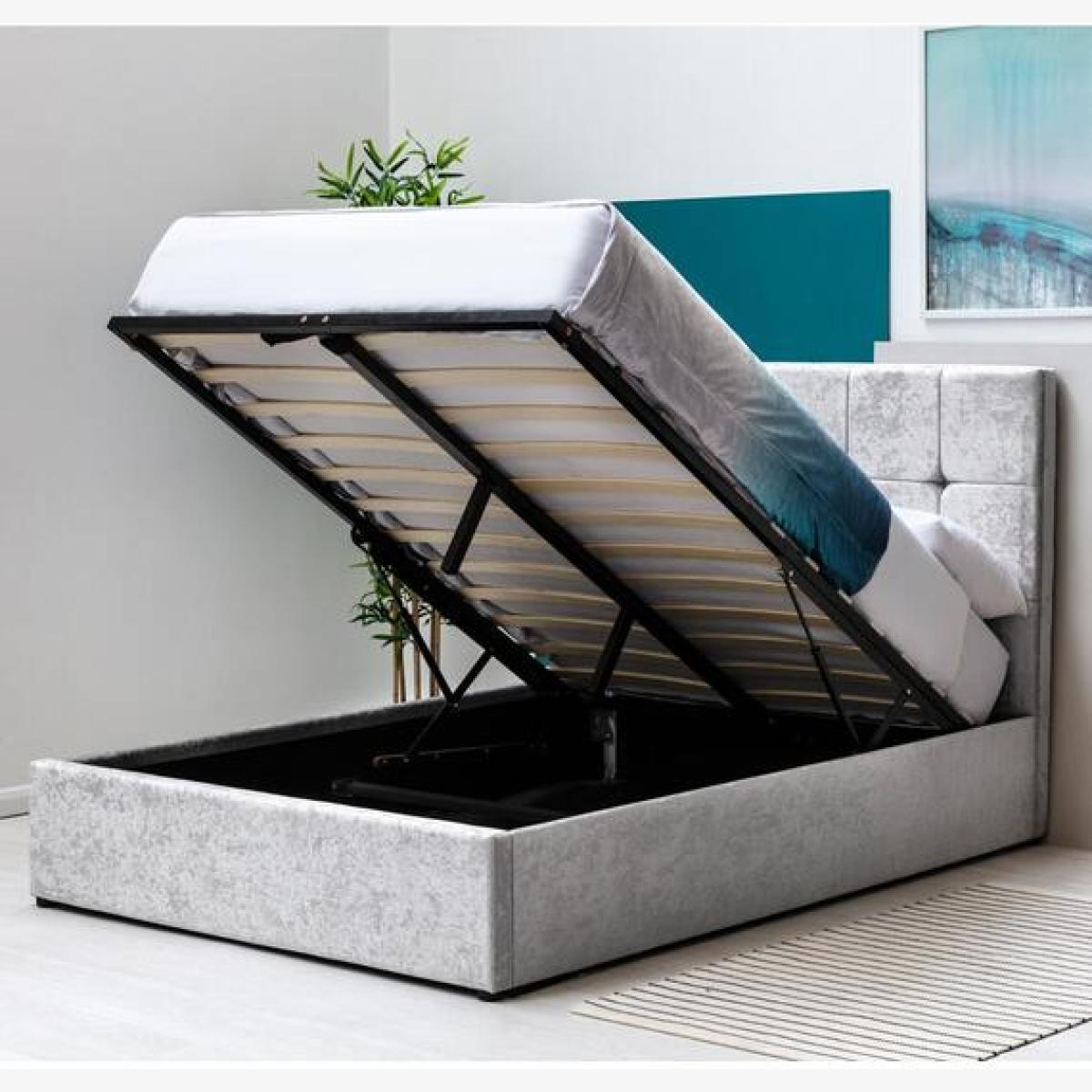 Horwood Silver Crushed Velvet Ottoman Storage Bed Frame - Silver / Double