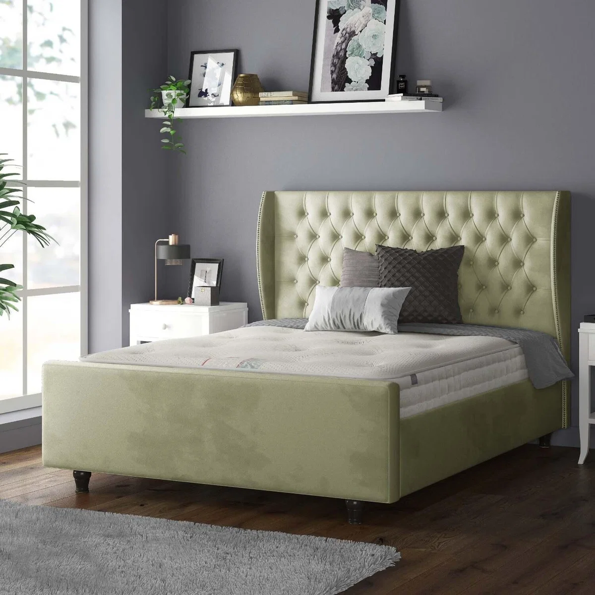 Aurora Chesterfield Wing Plush Velvet Bed Frame with Matching Buttons - Light Green / Double