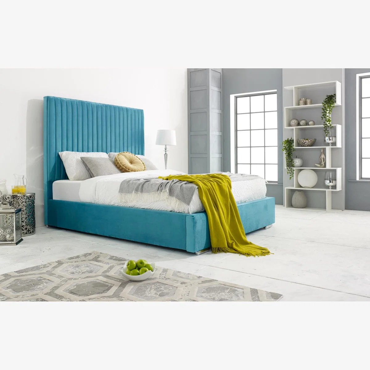 Merki Plush 4 inch solid thick Bed Frame with Lined Headboard - Teal / Single