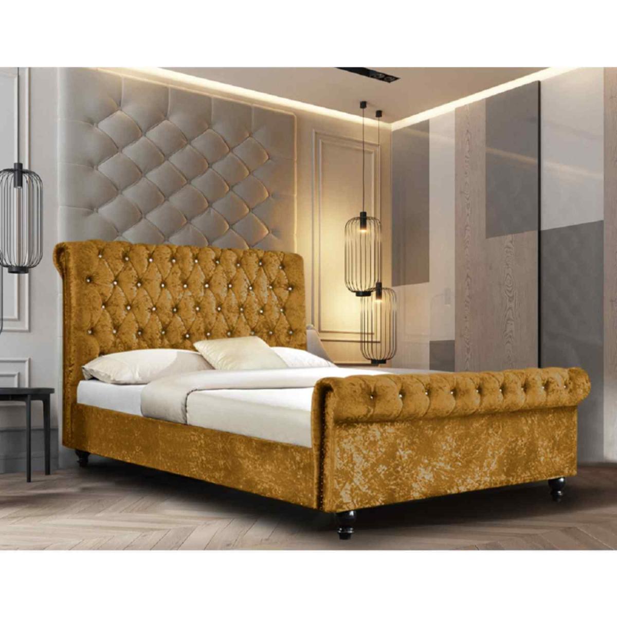 Alice Upholstered Crush Velvet Bed Frame - Yellow / Double – image 2