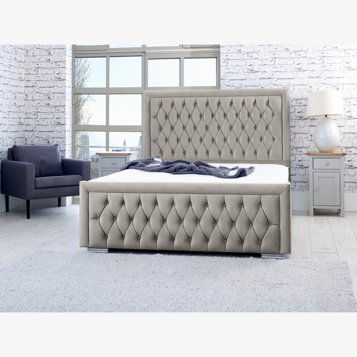 Piera Plush 4 Inch Solid Thick Bed Frame With Chesterfield Headboard - Grey / Double