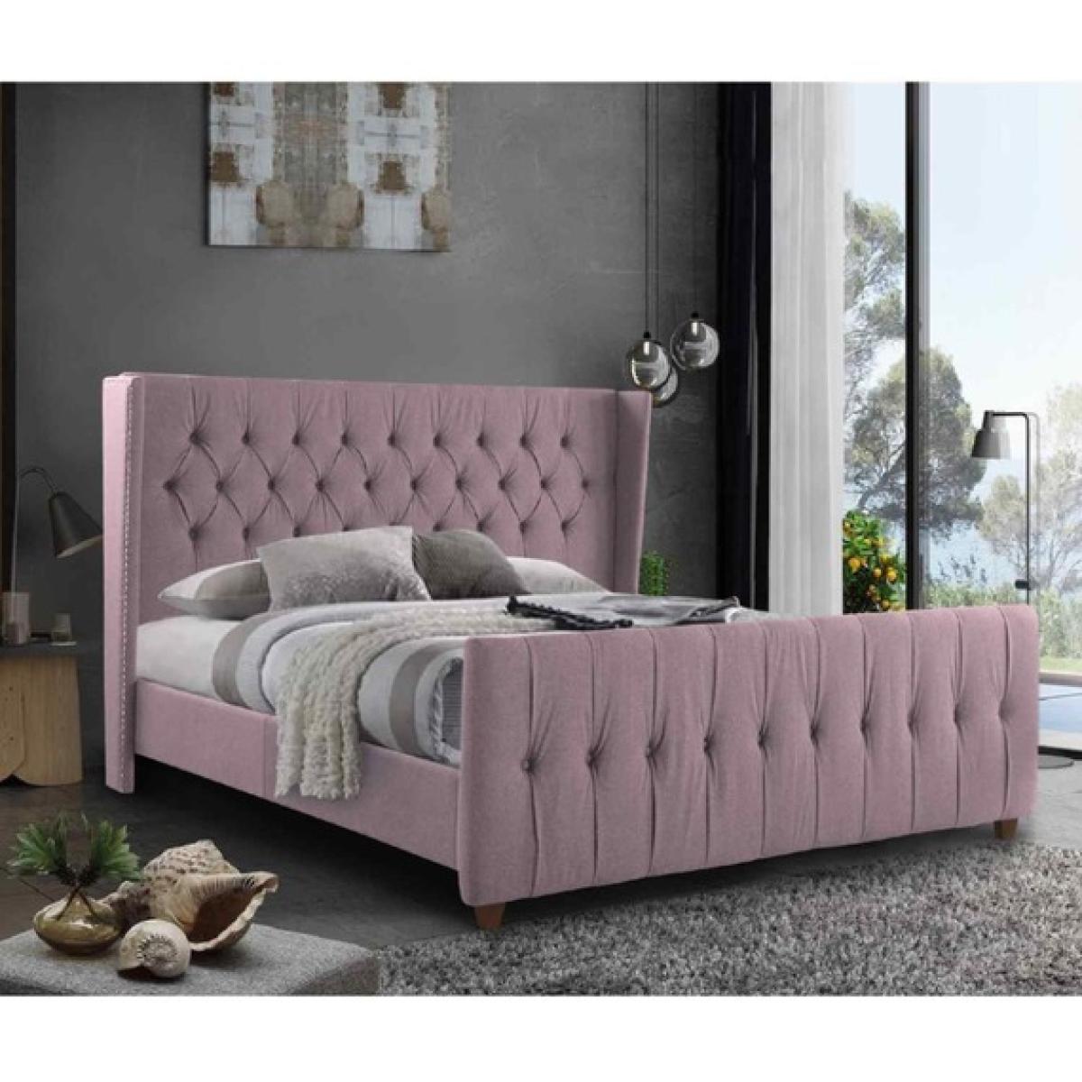 Aurora Upholstered Plush Velvet Bed Frame - Pink / Double