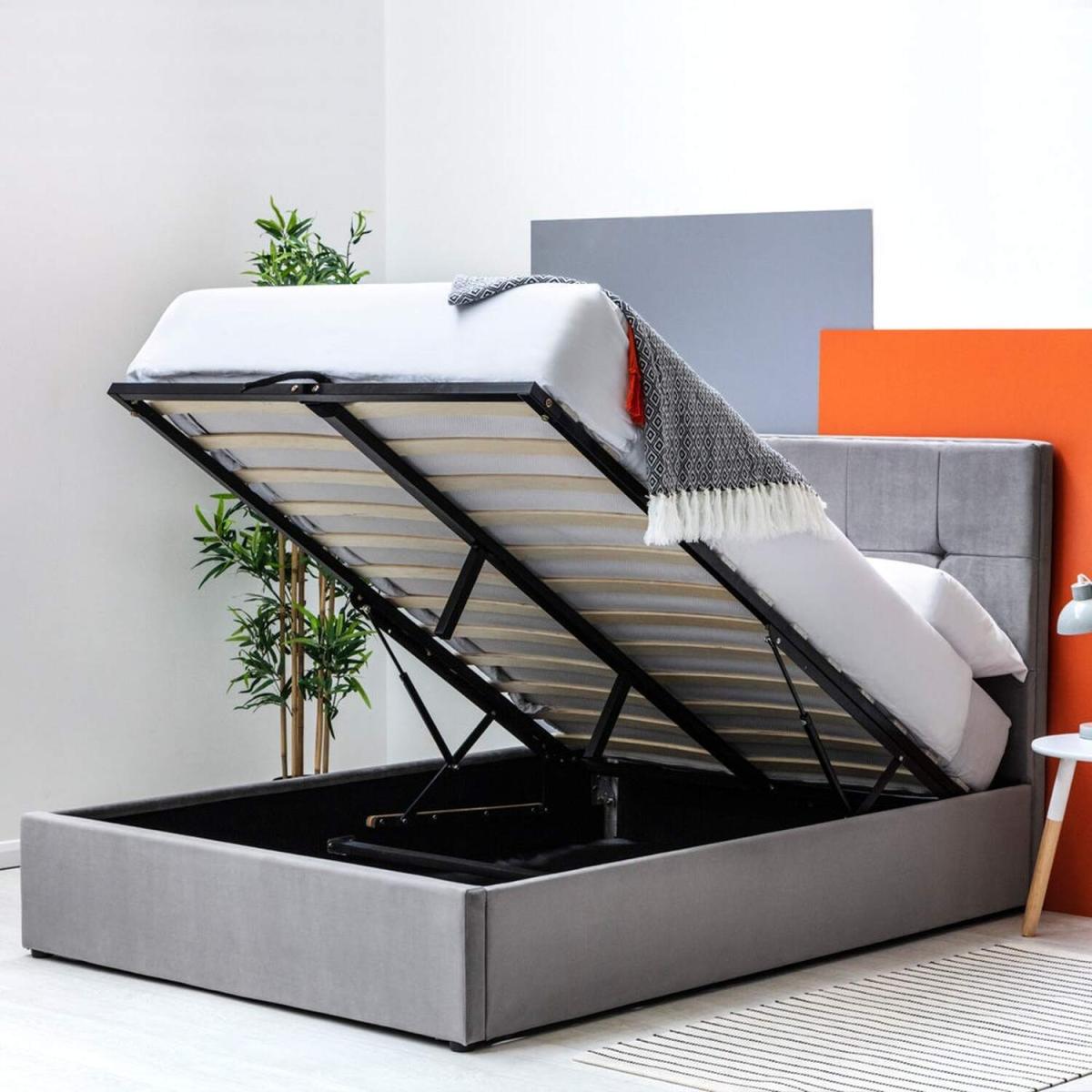 Horwood Grey Velvet Ottoman Storage Bed Frame - Grey / Double