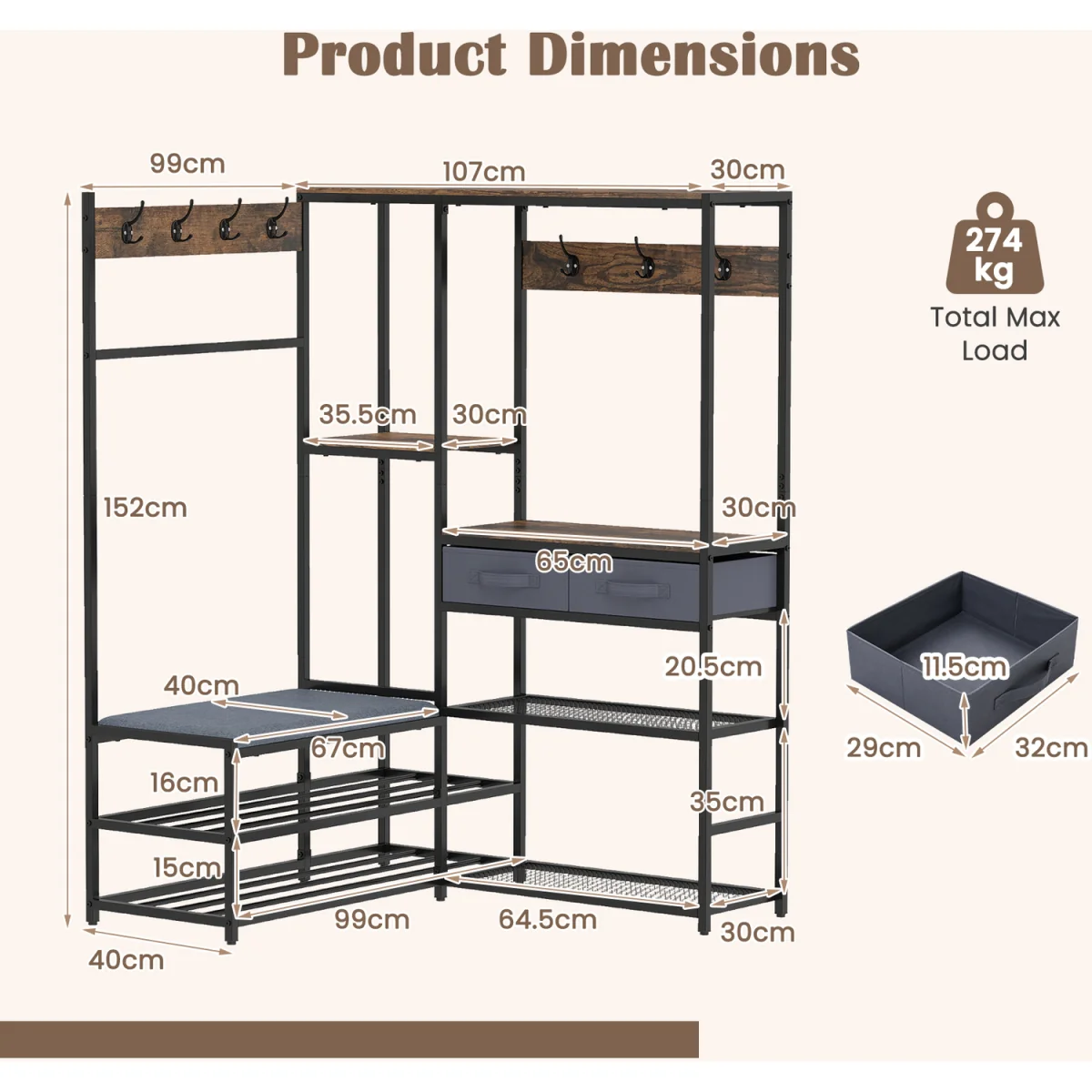 152 cm L Shaped Corner Coat Rack with Shoe Bench - Brown – image 3