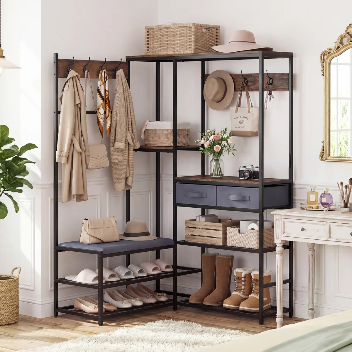 152 cm L Shaped Corner Coat Rack with Shoe Bench - Brown – image 5