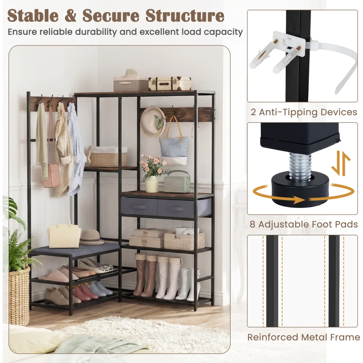 152 cm L Shaped Corner Coat Rack with Shoe Bench - Brown – image 6