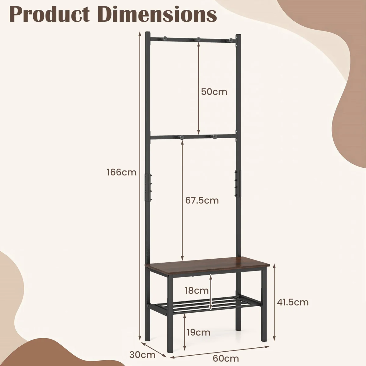 3-in-1 Industrial Hallway Coat Rack - Brown – image 2
