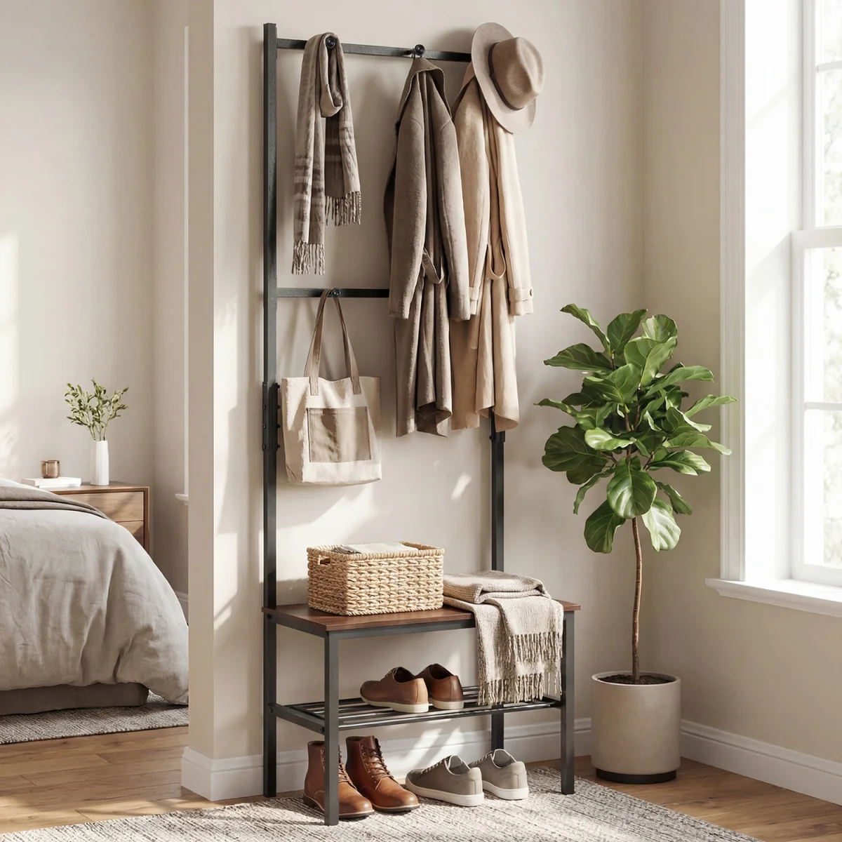 3-in-1 Industrial Hallway Coat Rack - Brown – image 3