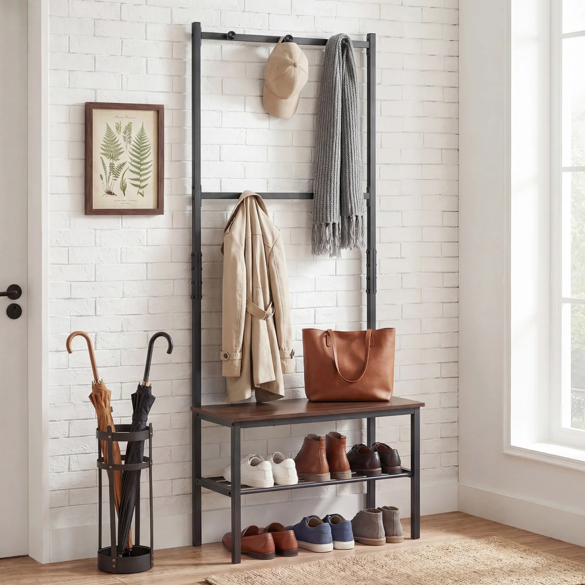 3-in-1 Industrial Hallway Coat Rack - Brown – image 4