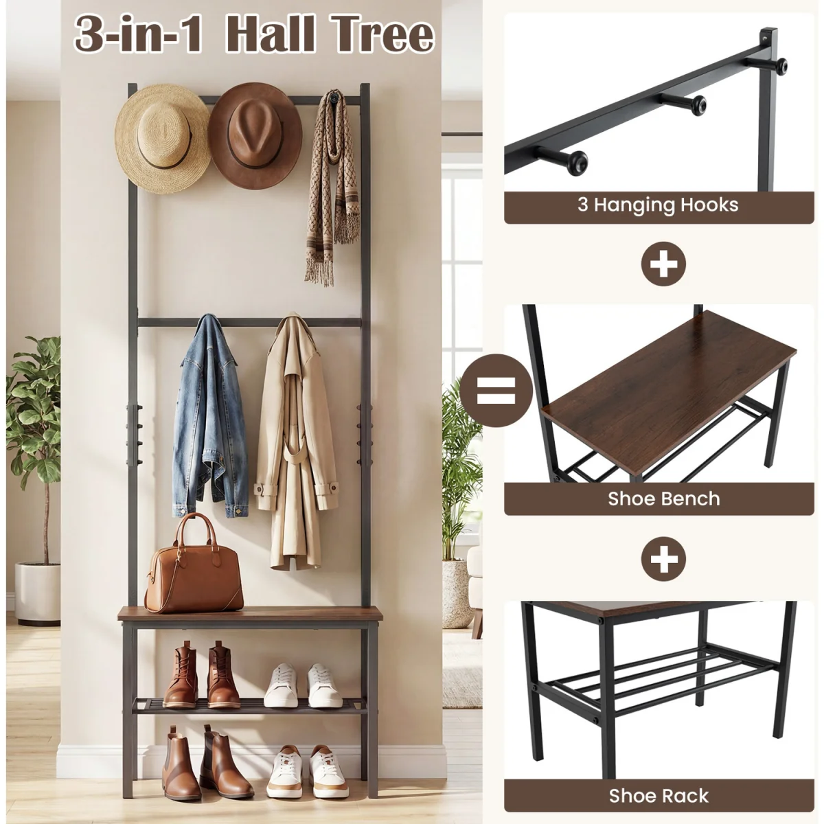 3-in-1 Industrial Hallway Coat Rack - Brown – image 6