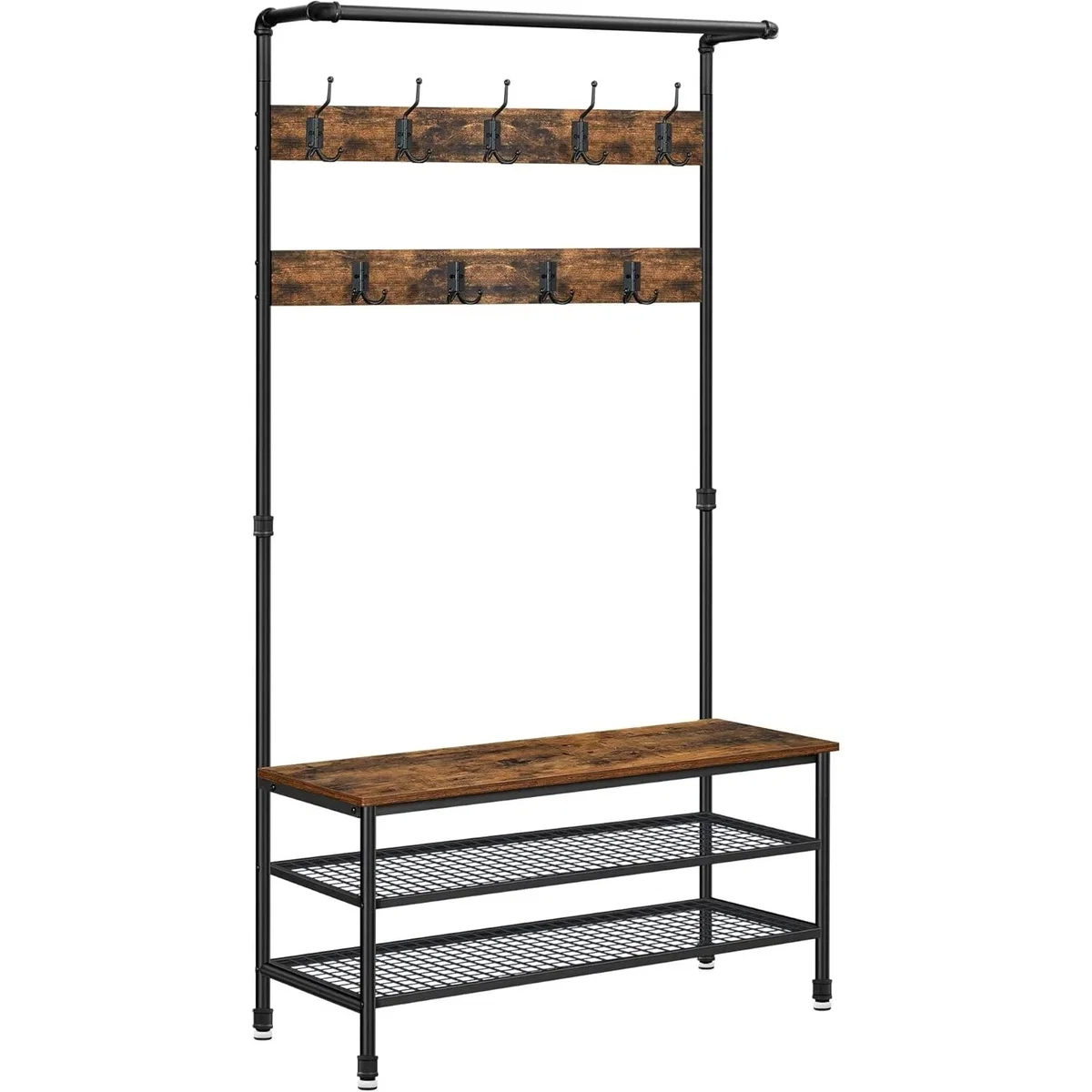 Large Hall Tree Coat Rack with Bench and Shoe Storage and Hanging Rail - Rustic Brown, Black – image 3