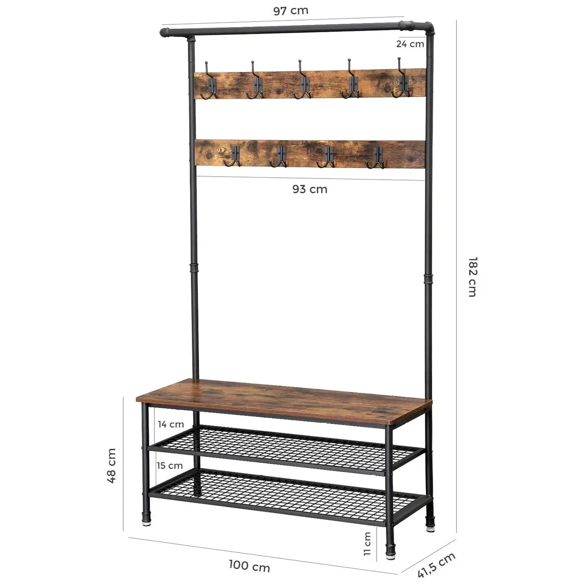 Large Hall Tree Coat Rack with Bench and Shoe Storage and Hanging Rail - Rustic Brown, Black – image 4
