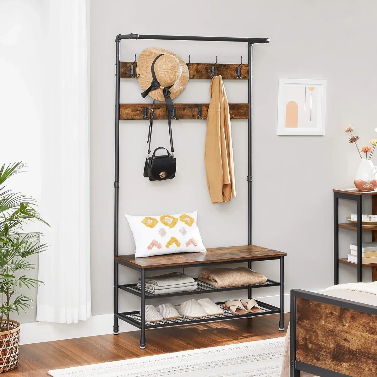Large Hall Tree Coat Rack with Bench and Shoe Storage and Hanging Rail - Rustic Brown, Black – image 5