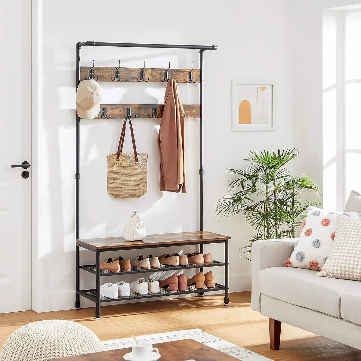 Large Hall Tree Coat Rack with Bench and Shoe Storage and Hanging Rail - Rustic Brown, Black – image 6
