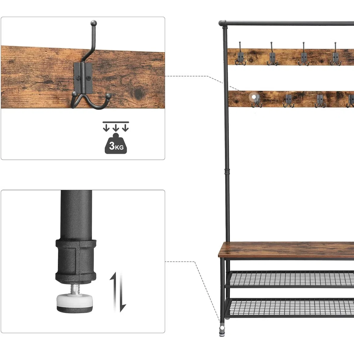 Large Hall Tree Coat Rack with Bench and Shoe Storage and Hanging Rail - Rustic Brown, Black – image 7