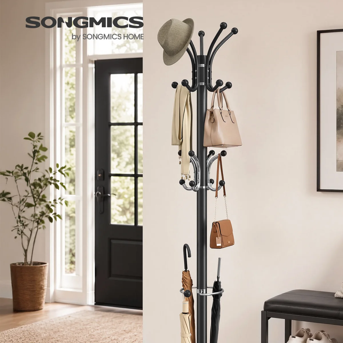 Freestanding Metal Coat Rack with Marble Base - Black – image 2