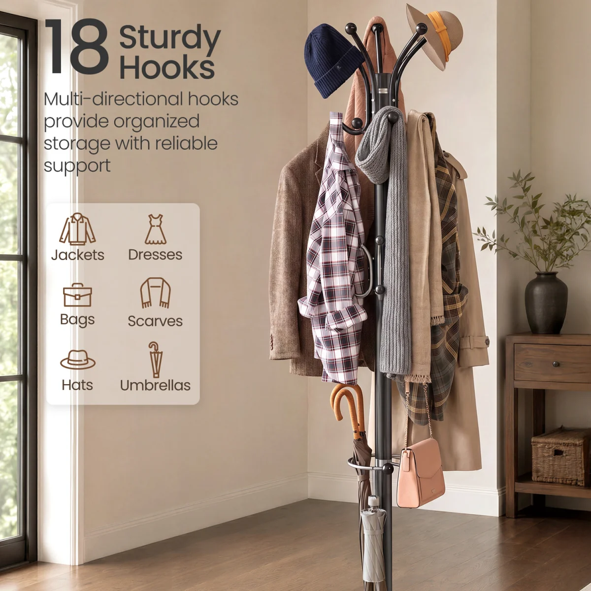 Freestanding Metal Coat Rack with Marble Base - Black – image 3